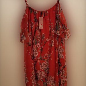 Floral Red chiffon cold shoulder dress